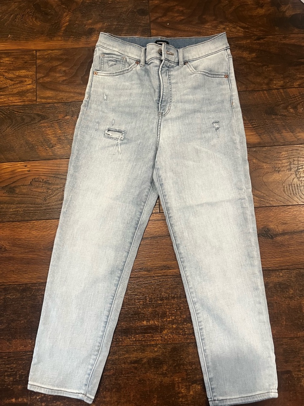 Express Light Wash Women's Distressed Jeans - Classic Straight Fit